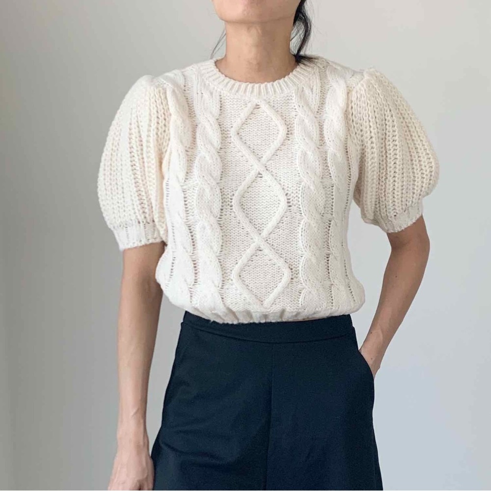NEW CHUNKY CABLE KNIT PUFF SLEEVE SWEATER TOP - ECRU - Picture 2 of 5